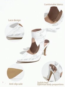 2024夏季新款白色蕾丝凉鞋，尖头法式新娘高跟鞋 - 白色 - 查看 8