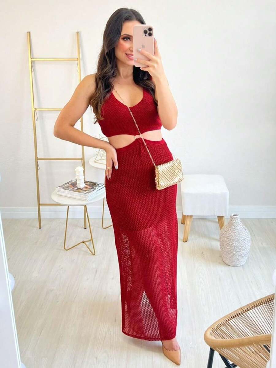 Women's Long Dress With Slit Midi Knit With Lurex Elegant Party - Đỏ - Xem 1