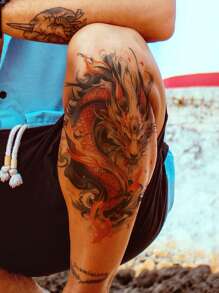1 hình xăm tạm thời hình rồng cổ điển nửa cánh tay nhiều màu cho nam, quà tặng ngày lễ, cánh tay lớn, ngực và bụng, miếng dán cơ thể chống thấm nước - Nhiều màu - Xem 1