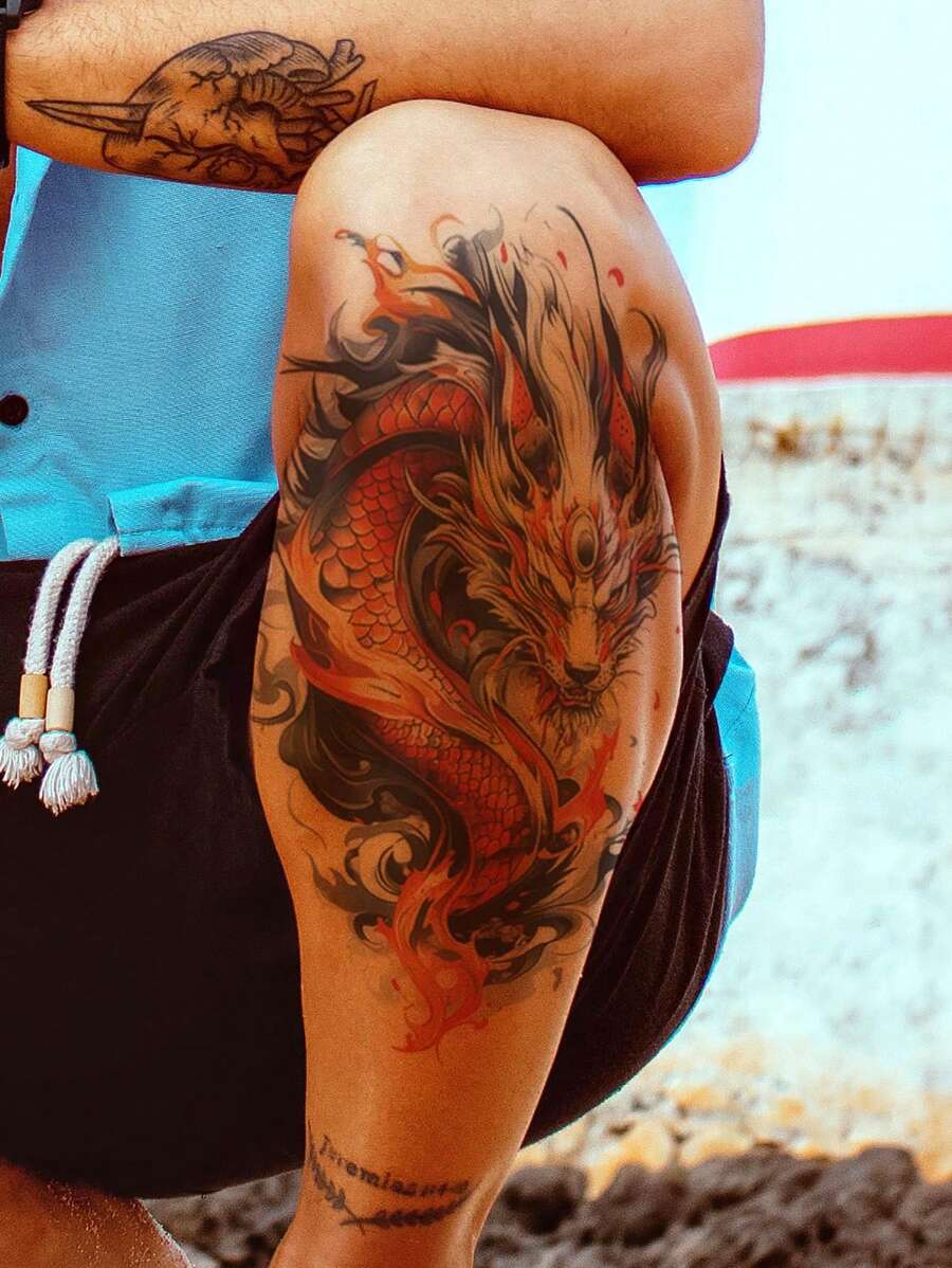 1 hình xăm tạm thời hình rồng cổ điển nửa cánh tay nhiều màu cho nam, quà tặng ngày lễ, cánh tay lớn, ngực và bụng, miếng dán cơ thể chống thấm nước - Nhiều màu - Xem 1