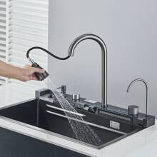 Gray Flying Rain Stainles Steel Waterfall Body Kitchen Sink With Pull Down Faucet Digital Display Large Single Bowl Dish Basin Above Counter Set With Pure Faucet,Soap Dispenser,Plastic Cutting Board And Cup Washer - Súng xám - Xem 6