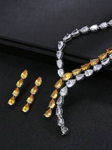 Set de 3 piezas de joyería de estilo europeo y estadounidense con collar y aretes de cobre con circonita, adecuado para vestido de boda, fiesta de noche y uso festivo