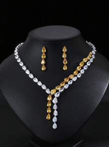 Set de 3 piezas de joyería de estilo europeo y estadounidense con collar y aretes de cobre con circonita, adecuado para vestido de boda, fiesta de noche y uso festivo