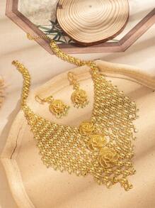 3pcs/Set 24k Gold Color Dubai Style Fashionable Jewelry Set: Necklace & Earrings For Women, Saudi Arabian Jewelry - Gold - View 3