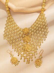 3pcs/Set 24k Gold Color Dubai Style Fashionable Jewelry Set: Necklace & Earrings For Women, Saudi Arabian Jewelry - Gold - View 2