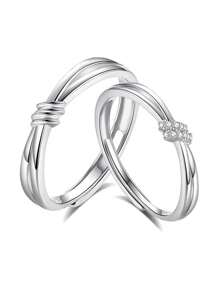 Bộ 2 chiếc nhẫn xoắn bằng đồng và bạc thời trang tối giản đính đá Zirconia, Phụ kiện trang sức cho cặp đôi/hàng ngày/tiệc tùng - Bạc - Xem 6