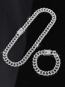 4 件/套 欧美嘻哈时尚手链项链套装 配闪亮石英表和吊坠项链，时尚男士配饰，送给爸爸、男朋友、兄弟的最佳礼物 - A - 查看 3