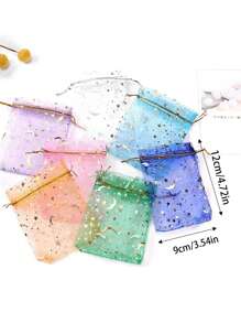 12 szt./48 szt. Woreczki z organzy ze ściągaczem z nadrukiem księżyca i gwiazd, Złote przezroczyste woreczki z organzy, Siatkowe torby na prezenty, Woreczki z nadrukiem kwiatowym ze ściągaczem, Na upominek na przyjęcie weselne, Prezent na słodycze na Boże Narodzenie, Nadaje się na kosmetyki, przyjęcie, biżuterię i święta, 3,5 x 4,7 cala (9 x 12 cm), Ramadan, Dekoracje na Ramadan, Eid Mubarak