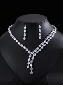 Set de 3 piezas de joyería de estilo europeo y estadounidense con collar y aretes de cobre con circonita, adecuado para vestido de boda, fiesta de noche y uso festivo