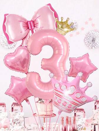 7 delar/set rosa födelsedagsdekorationsset, inkluderar 32" rosa sifferballong, stor prinsesskronaballong, rosa rosettformad ballong, för flickas födelsedagsfestdekoration, bröllop, könsavslöjande, födelsedag, förlovning, alla hjärtans dag, festdekoration