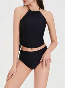 Two Piece Tankini Swimsuits For Women Tummy Control Bathing Suits Halter Swim Top With Shorts - 黑色 - 查看 5