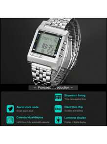 Reloj digital LED TVG para hombres, reloj de cuarzo deportivo, impermeable, de acero inoxidable plateado, con alarma, reloj de pulsera para hombres, regalo, regalo de San Valentín