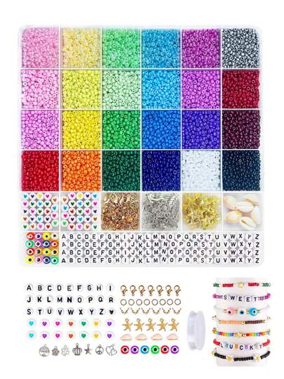 9300 piezas Cuentas de vidrio de 3mm para hacer pulseras, kit de joyería de amistad con cuentas pequeñas, kit de cuentas para la cintura con cuentas con letra y cuerda elástica, regalos de manualidades y artesanía para niñas