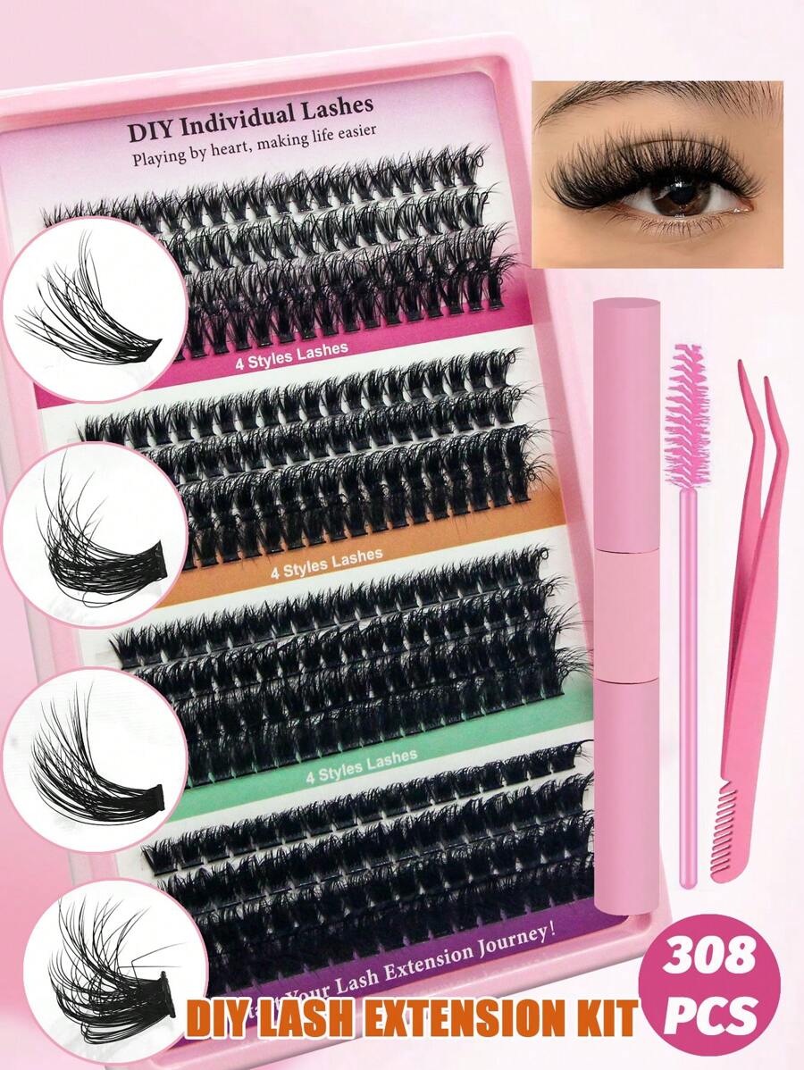 308 Bộ dụng cụ nối mi D Curl DIY Bộ dụng cụ nối mi riêng lẻ 0,07D 10-16MIX 40D 60D 80D 100D Bộ mi nối mi, Nhíp nối mi tự làm tại nhà - màu đen - Xem 1