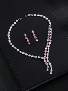 Set de 3 piezas de joyería de estilo europeo y estadounidense con collar y aretes de cobre con circonita, adecuado para vestido de boda, fiesta de noche y uso festivo