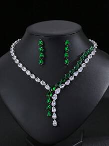 Set de 3 piezas de joyería de estilo europeo y estadounidense con collar y aretes de cobre con circonita, adecuado para vestido de boda, fiesta de noche y uso festivo