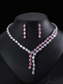 Set de 3 piezas de joyería de estilo europeo y estadounidense con collar y aretes de cobre con circonita, adecuado para vestido de boda, fiesta de noche y uso festivo
