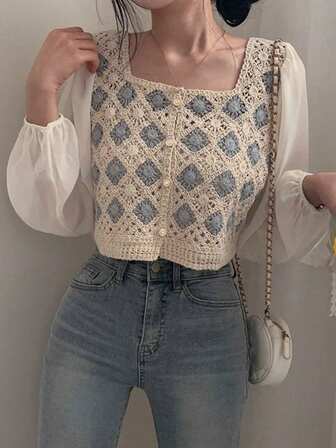 New Style 2025 Casual Contrast Color Crochet Patchwork Long Sleeve Cropped Shirt