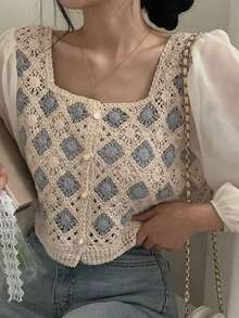 Nueva 2025 camisa corta de manga larga con contraste de color, patchwork de ganchillo - Albaricoque - Ver 4