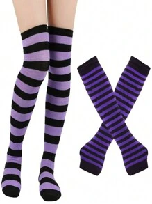 1 套 2 双条纹过膝袜和护臂，朋克风格套装 - 彩色 - 查看 17