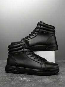 男士简约纯黑色皮革鞋面系带高帮滑板鞋，户外时尚百搭男女休闲情侣鞋，适合日常穿着 - 黑色 - 查看 4