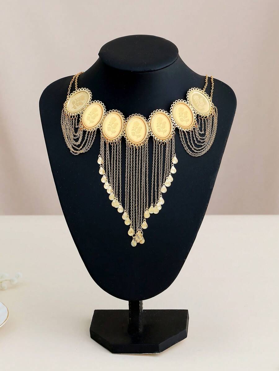 1pc Fashionable Layered Oval Pendant Engraved Flower Copper Coin Necklace For Women Birthday, 18K Gold Plated Brass Tassels Chain Necklace