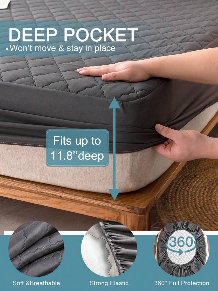 1pc Water Resistant Fitted Sheet, Beding, Bed Sheet, Mattress Cover, Soft And Comfortable Bedding For Bedroom, Skin-Friendly Mattress Proctector, Deep Pocket Cooling Breathable Quilted Fitted Sheet, For Queen King Twin All Size, Soft Cover For Mattress Protector And Mattress Topper, Dustproof, Machine Washable, Black - Black - View 4