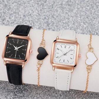 4入組情侶款方形類比錶面石英手錶，配以心形手鏈套裝 - 時尚PU皮革手錶，男女皆宜，完美情人節禮物
