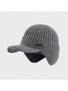 Unisex Winter Warm Fleece Lined Knitted Peaked Beanie Baseball Cap Earflap Hats - Black - View 3