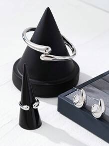 3 pièces/set Ensemble de bijoux mode minimaliste en métal, avec bracelet, bague et boucles d'oreilles clous à forme géométrique lisse en larme