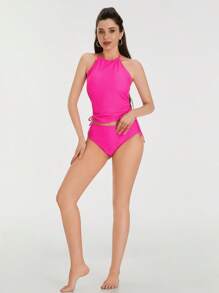 Two Piece Tankini Swimsuits For Women Tummy Control Bathing Suits Halter Swim Top With Shorts - Hot Pink - View 5