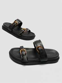 Fashion Flat Sandals Women Black Buckle Round Toe Thick Sole Casual Slippers