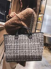 Bolso de mujer personalizable con bordado de nombre, estilo coreano popular - Bolso de cubo con cadena a contraste de cuadros sencillo, bolso de hombro y bolso cruzado para señoras