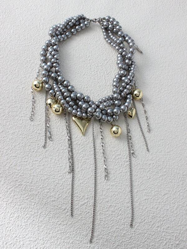 Dark Style Multi-Layer Faux Pearl Wrapped Golden Heart Tassel Necklace, Women's Contrast Beaded Choker Necklace, Punk Hip-Hop Handmade Beaded Necklace