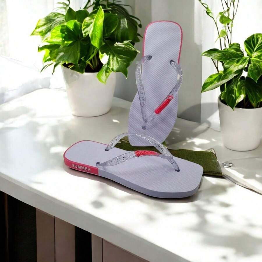 Personalized Women's Flip Flops In Glitter New Beach Fashion - Trắng/Hồng - Xem 1