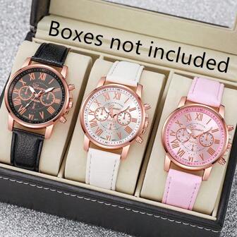 3入組時尚羅馬手錶套裝 - 永恆設計，精確石英運動 - 柔軟皮革表帶 - 經典的羅馬數字 - 給特別的人完美的禮物