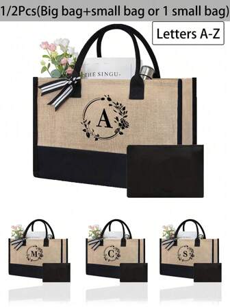 1Pc/2Pcs,Nitial Canvas Tote Bag,Comes With Makeup Storage Bag, Personalized Present Bag, Suitable For Wedding, Birthday, Beach, Holiday,School Bag , Is A Great Gift For Women, Mom, Teachers, Friends, Bridesmaids,Student ,Large Bag