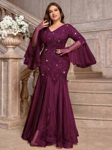 Đầm dạ hội dáng đuôi cá dài tay, cổ chữ V, phối ren hoa và sequin, chất liệu lưới màu tương phản, cỡ lớn, phù hợp cho các buổi tiệc trang trọng, ngày Valentine, dự đám cưới, dạ hội, sinh nhật, lễ hội, các dịp lễ hội mùa xuân thanh lịch. - Màu Tím - Xem 8