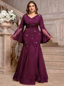 Đầm dạ hội dáng đuôi cá dài tay, cổ chữ V, phối ren hoa và sequin, chất liệu lưới màu tương phản, cỡ lớn, phù hợp cho các buổi tiệc trang trọng, ngày Valentine, dự đám cưới, dạ hội, sinh nhật, lễ hội, các dịp lễ hội mùa xuân thanh lịch. - Màu Tím - Xem 4