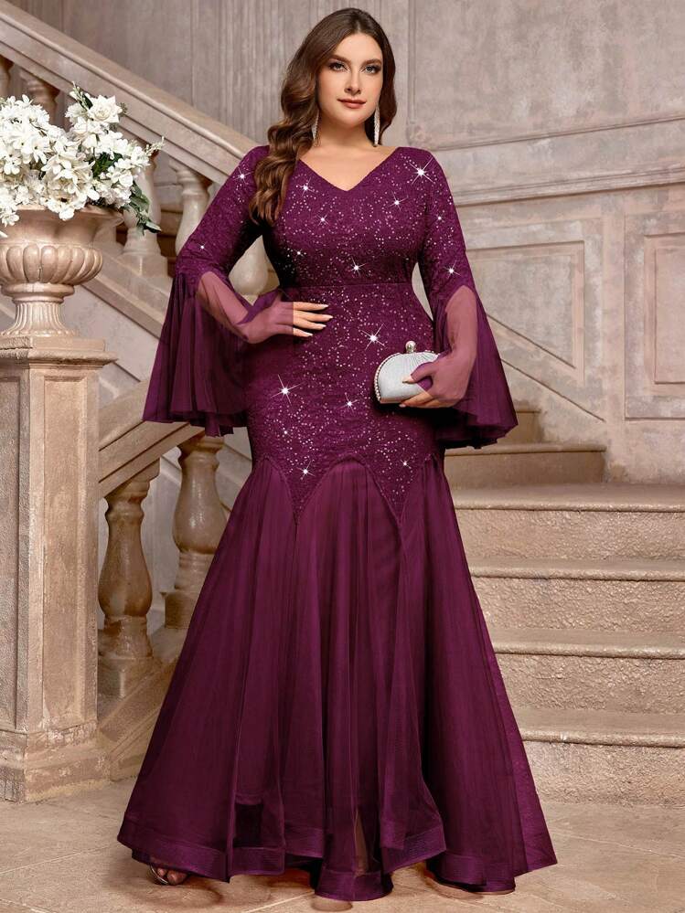 Plus V-Neck Floral Lace Sequin Insert Contrast Mesh Long Sleeve Mermaid Hem  Evening Party Maxi Dress, Wedding Guest Dress, Prom Dress, For Birthday -  Product Video