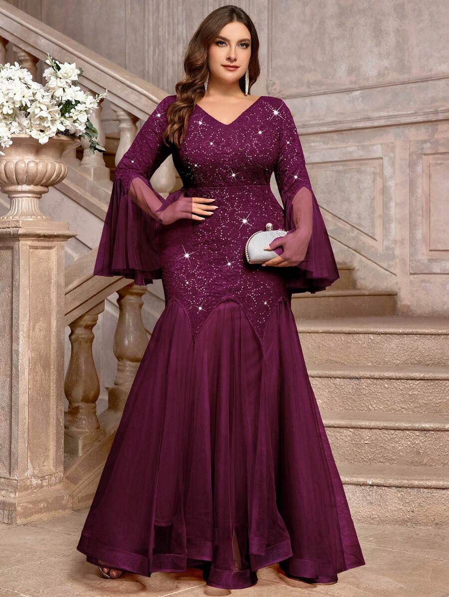 Đầm dạ hội dáng đuôi cá dài tay, cổ chữ V, phối ren hoa và sequin, chất liệu lưới màu tương phản, cỡ lớn, phù hợp cho các buổi tiệc trang trọng, ngày Valentine, dự đám cưới, dạ hội, sinh nhật, lễ hội, các dịp lễ hội mùa xuân thanh lịch.