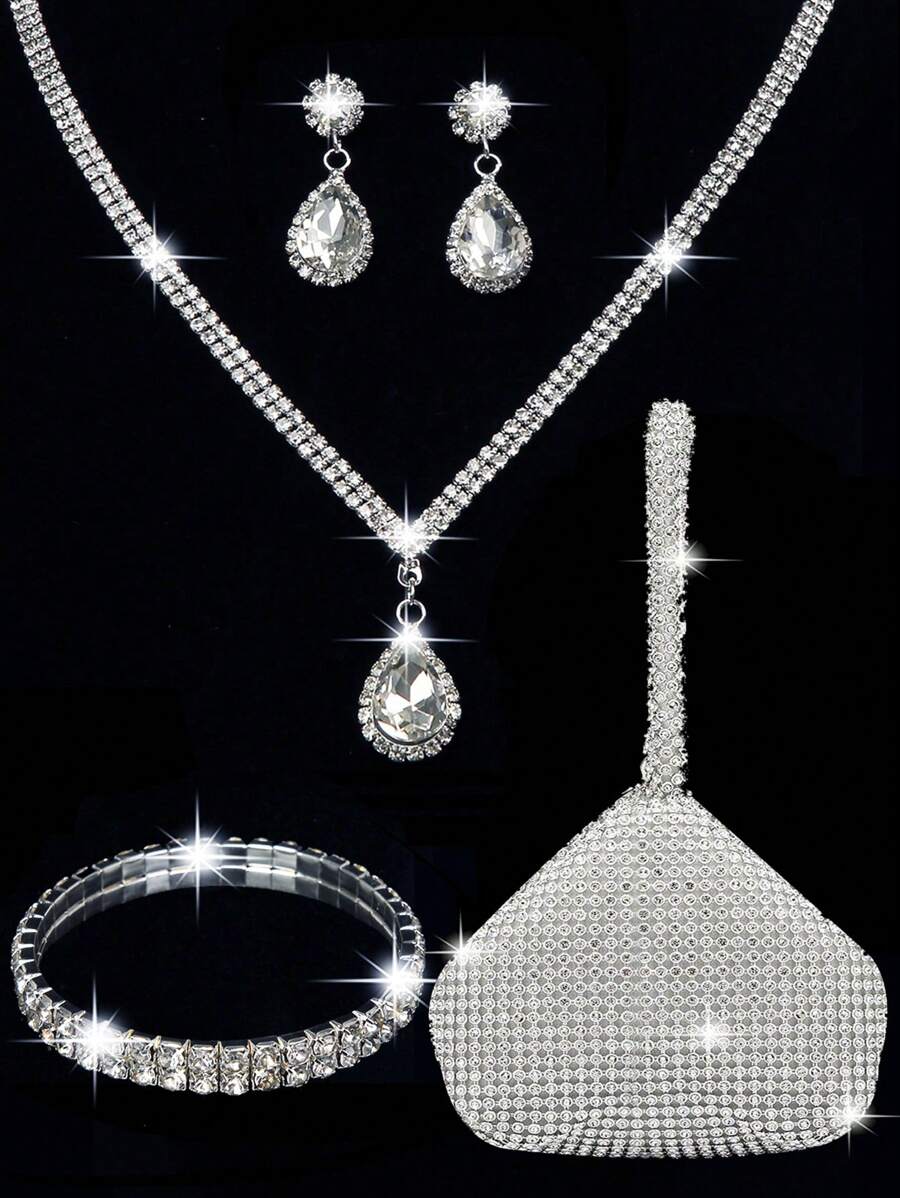 LETODE 4 件套女士水钻晚装手拿包水钻耳夹新娘婚礼颈链手链吊坠闪亮钱包 - 銀色 - 查看 1