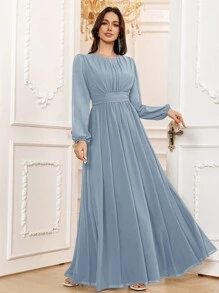Volly Toych Dusty Blue Autumn Outfits Women Elegant A-Line Scoop Long Sleeve Floor-Length Chiffon Formal Bridesmaid Dress,Wedding Guest Dress,Sleeves Without Lining