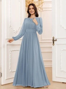 Volly Toych Dusty Blue Autumn Outfits Women Elegant A-Line Scoop Long Sleeve Floor-Length Chiffon Formal Bridesmaid Dress,Wedding Guest Dress,Sleeves Without Lining