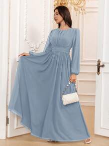 Volly Toych Dusty Blue Autumn Outfits Women Elegant A-Line Scoop Long Sleeve Floor-Length Chiffon Formal Bridesmaid Dress,Wedding Guest Dress,Sleeves Without Lining