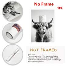 1 件，帆布悬挂海报，实木框架画，高地牛印花浴室墙壁艺术现代农舍装饰礼物，有趣的浴室标志，适合他动物印花卫生纸浴室墙壁装饰