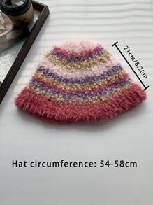 1 bucă pălărie de găleată cu dungi pufoase multicolore, șapcă tricotată caldă pentru femei toamna/iarna - Blat pudră de pluș cu dungi argintii - Vizualizare 4