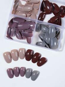 96 Peças/Caixa (4 Cores Mistas) Unhas Postiças Curtas Ovais de Cores Marrons, Pontas de Unhas Acrílicas Curtas de Cobertura Total, Contém 1 Peça de Cola de Gelatina e 1 Lixa de Unhas, Com Caixa de Armazenamento, Adequado para Uso Diário e em Festas por Mulheres e Meninas