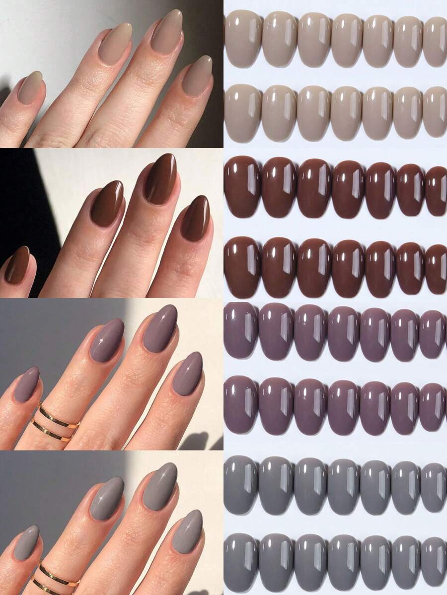 96 Peças/Caixa (4 Cores Mistas) Unhas Postiças Curtas Ovais de Cores Marrons, Pontas de Unhas Acrílicas Curtas de Cobertura Total, Contém 1 Peça de Cola de Gelatina e 1 Lixa de Unhas, Com Caixa de Armazenamento, Adequado para Uso Diário e em Festas por Mulheres e Meninas