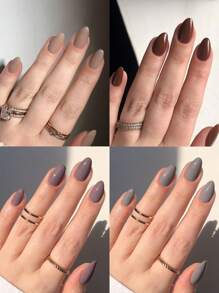 96 Peças/Caixa (4 Cores Mistas) Unhas Postiças Curtas Ovais de Cores Marrons, Pontas de Unhas Acrílicas Curtas de Cobertura Total, Contém 1 Peça de Cola de Gelatina e 1 Lixa de Unhas, Com Caixa de Armazenamento, Adequado para Uso Diário e em Festas por Mulheres e Meninas